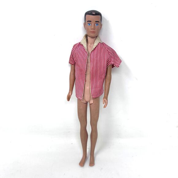 Vintage Ken Doll 1960s Brunette Brown Painted Hair Mattel Barbie Striped Shirt - Picture 1 of 12